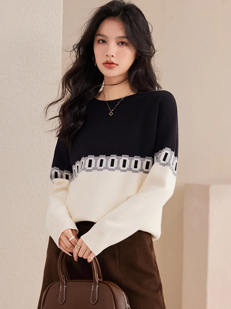 Knitted Sweater Women Autumn New Fashion Contrasting Color Casual Versatile Long Sleeved Tops Lazy Style Pullover Sweater