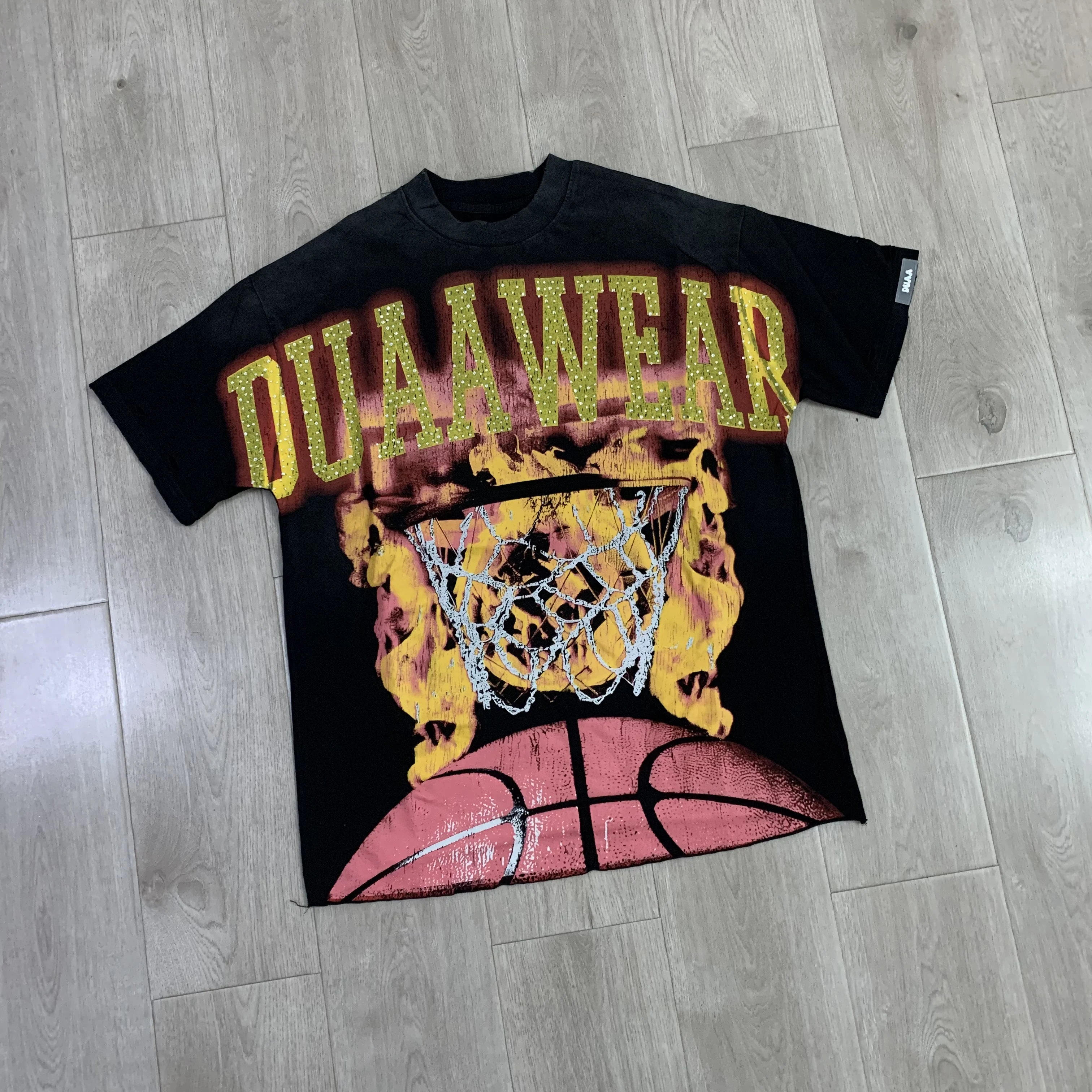 Retro Basketball Rim Print T-Shirt Short Sleeve Cotton Denim Hole Washed Diamond Iron on Summer Casual round Neck Tee