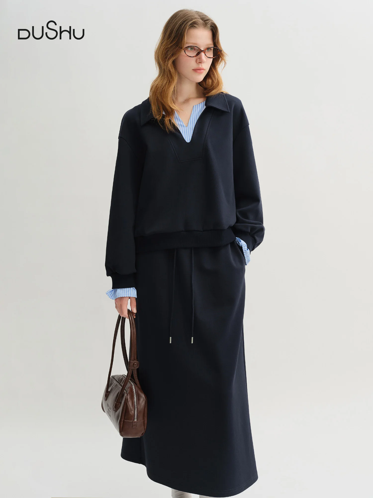 

DUSHU Plus Size Navy Blue Long Sleeve Top Skirt Fashion Set 2025 Autumn New Arrival Splicing Sweater Skirt 25DS83223+25DS83224