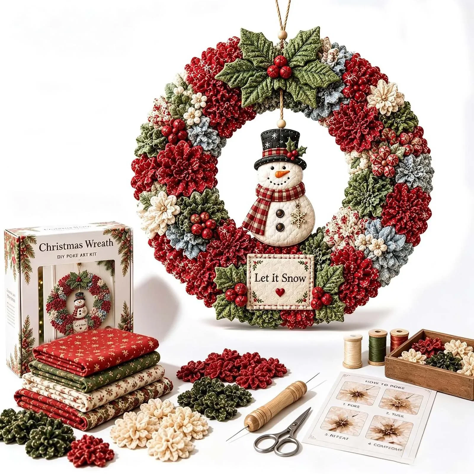 DIY Christmas Fabric Wreath Kit, Xmas Front Door Hanging Decoration, Santa Snowman Reindeer Ornament Wreath, Holiday Home Wall D