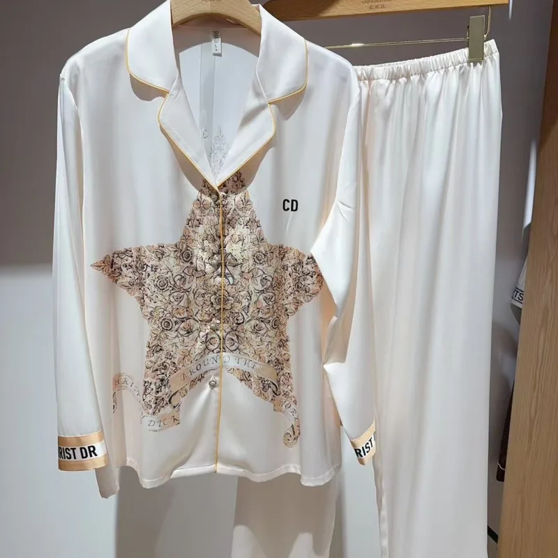 

2025 Luxury Gold Star Spring Summer Pajamas Women Ice Silk Two Piece Set Long Sleeve Pant High End Nightgown Sleepwear Nightwear