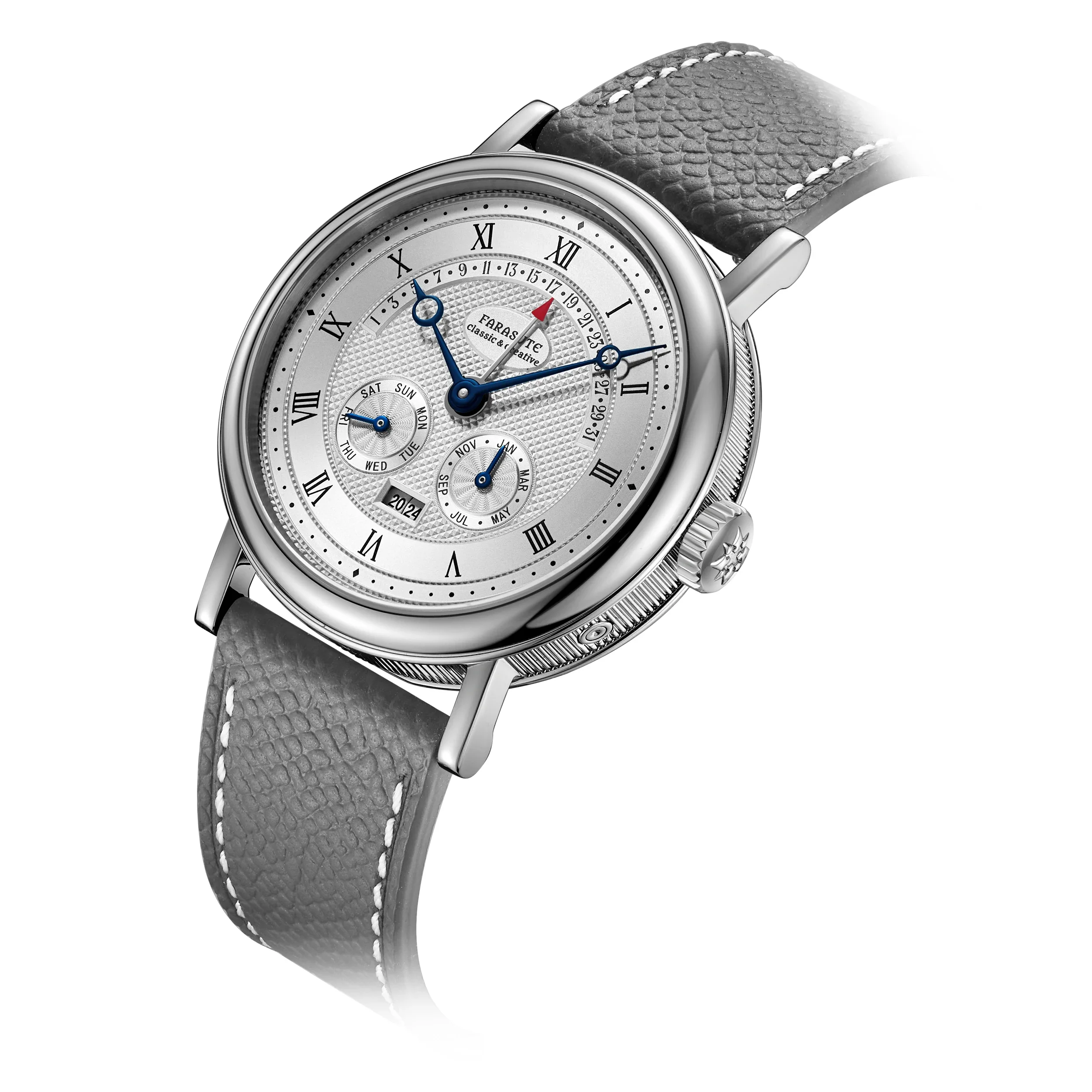 FARASUTE Watch Men Flyback Function Movement Mechanical Month Display Week Display Calendar Sapphire Watch Back Hollow Design