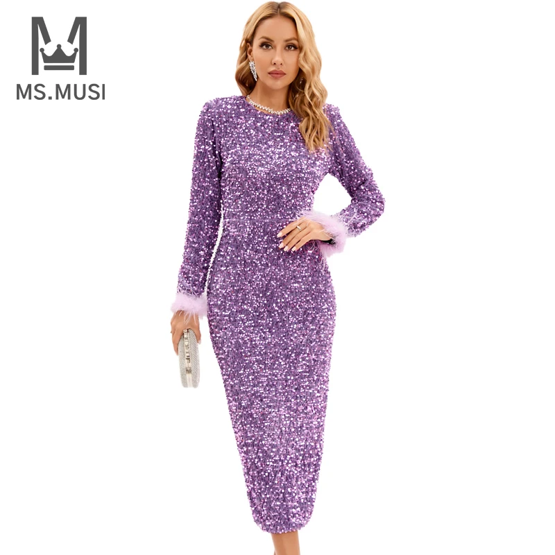 

MSMUSI 2023 New Fashion Women Sexy O Neck Feather Velvet Sequins Long Sleeve Bodycon Party Club Event Slim Midi Dress Vestidos