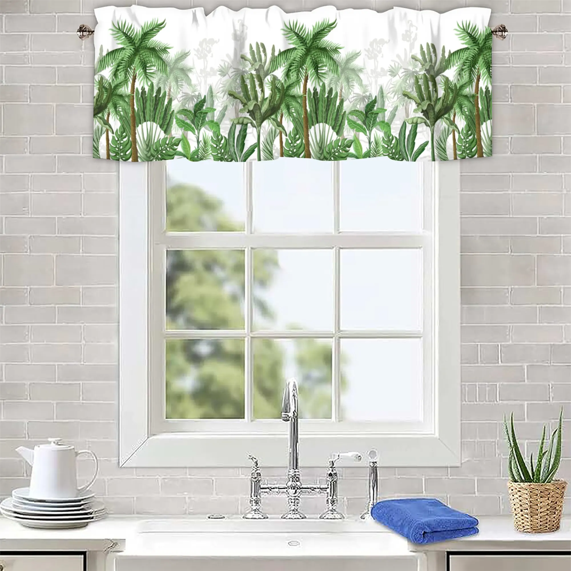 2 Pack Tropical Plants Valance Curtain Tier Window, Summer Coconut Jungle Rod Pocket Light Filtering Window Small Curtain