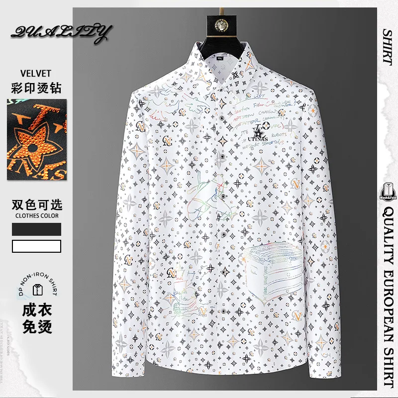 Spring New Men's Shirt Print Hot Diamond Heavy Craft Trendy Brand European Goods Shirt Non iron Slim Fit Shirt