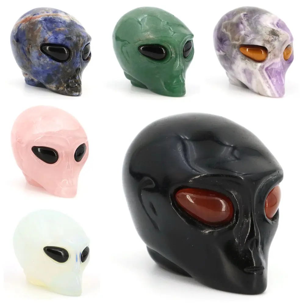 

49mm Natural Stone Alien Skull Statue Crystal Carved Reiki Healing Gemstone Figurine Crafts Home Decor Halloween Ornament Gift