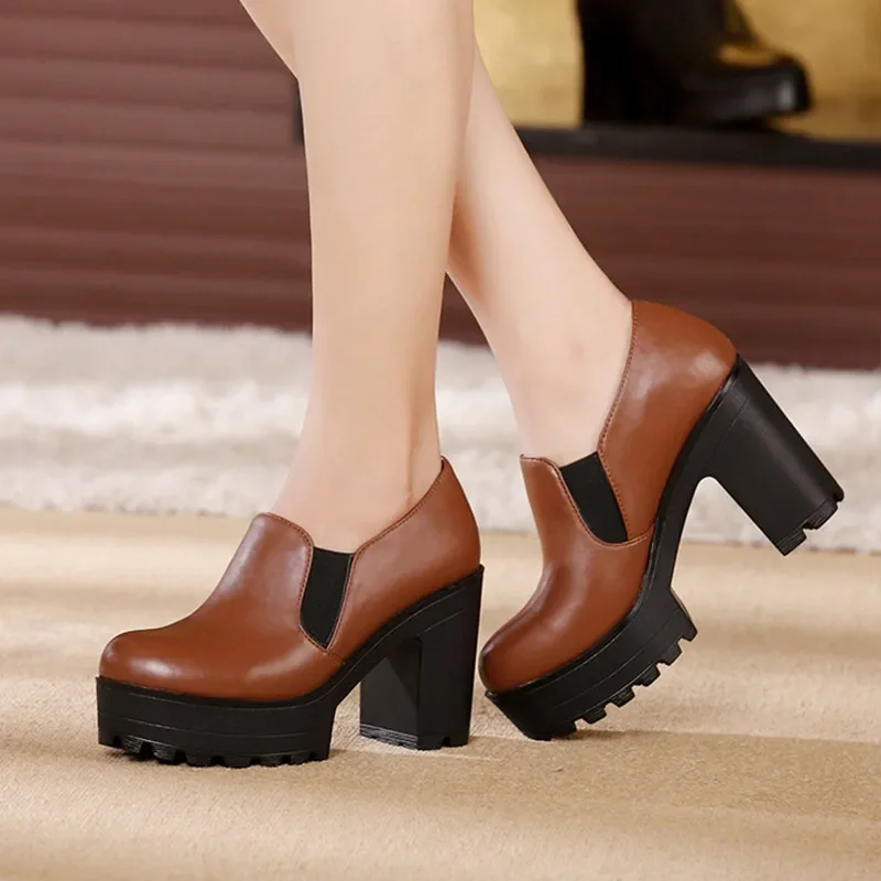 Comfortable Thick Bottom Platform Shoes Deep mouth Soft Leather Pumps Fall 2024 Block High Heels Shoes for Office Model Dance