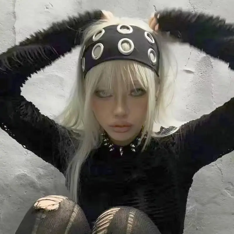 

Y2K Girl Hollowed Out Wide Elastic Headband With Eyelets Punk Headwrap Rock Grunge Stretchy Headbands for Women Hair Accessories