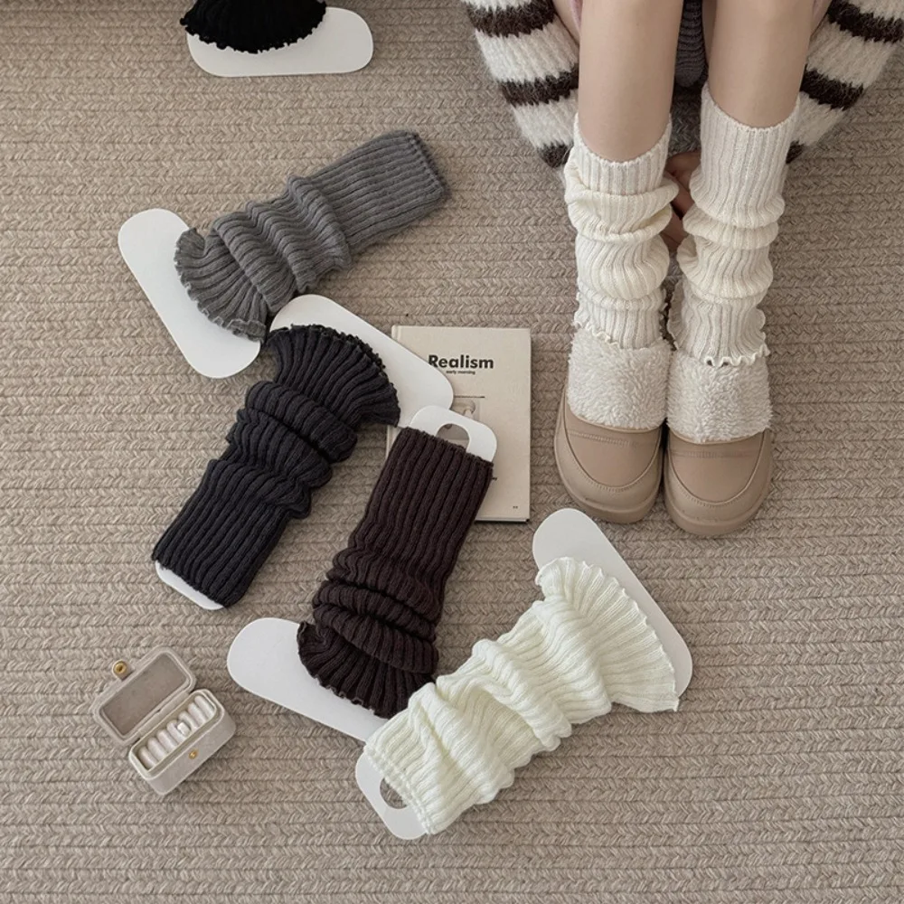 Women Knitted Leg Warmers Foot Cover Autumn Winter Ruffle Socks Black White Sweet Lolita JK Japanese Girls Warm Accessories