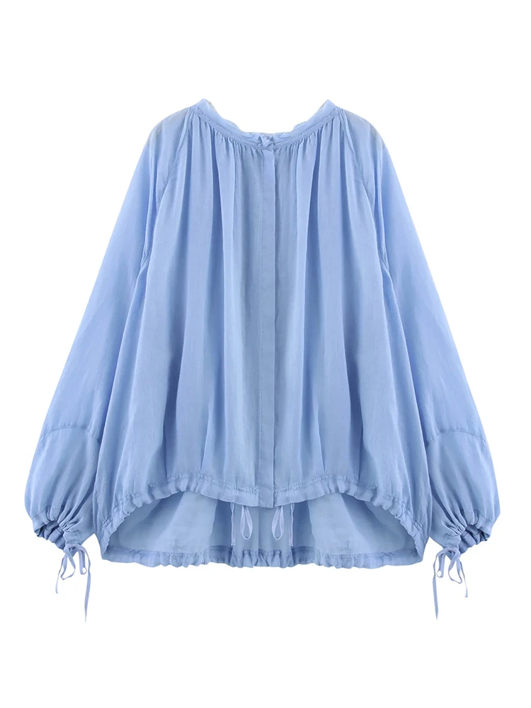 Casual Loose Shirt For Women Sexy See-Through Lace Up Long Sleeved Blouse Female 2025 New Summer Chic Sweet White Blue Shirts