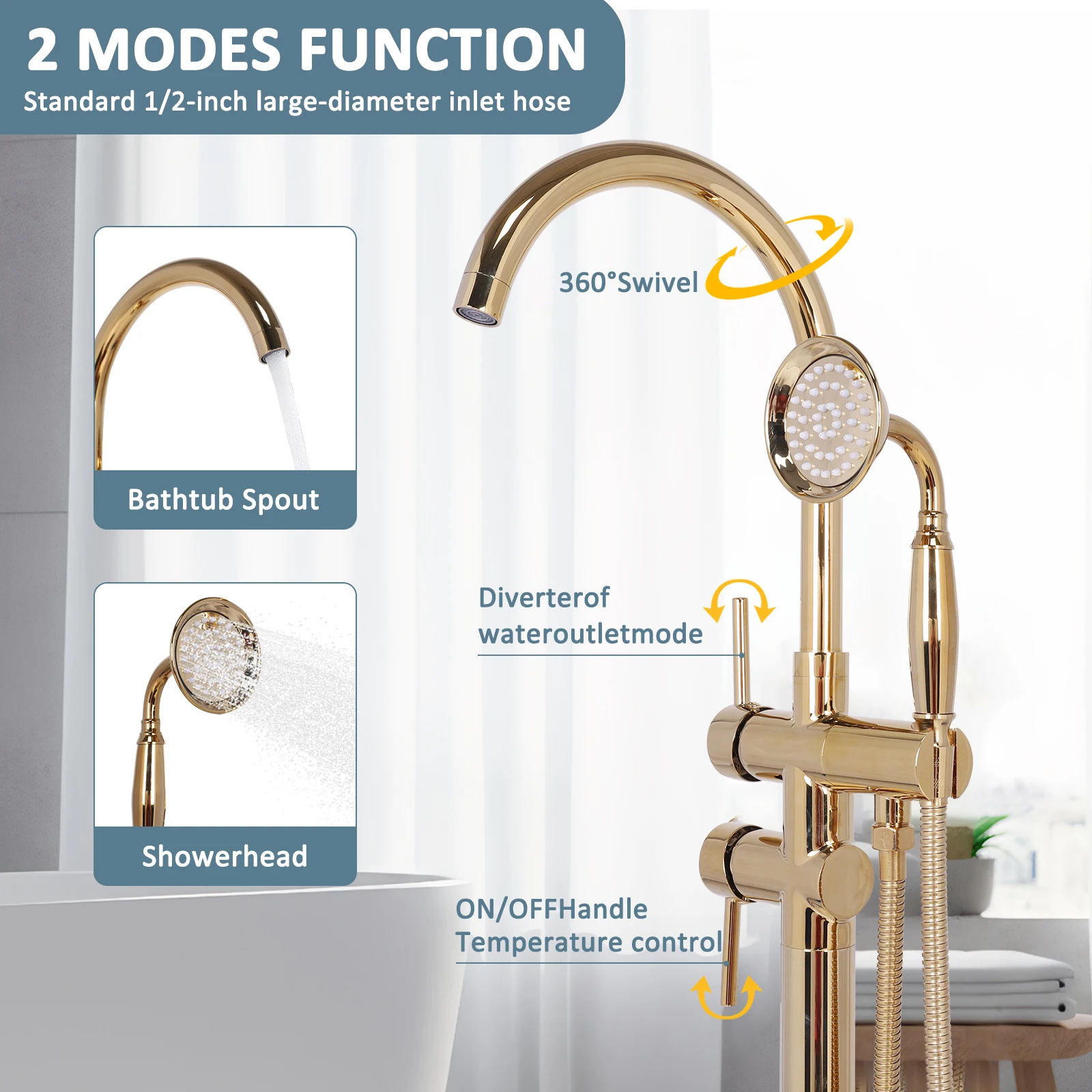 Elegant Gooseneck Shower Mixer Taps with Hand Sprayer Swivel Spout Roman Tub Faucet Set Leakproof 360° Rotating for Bath Spouts