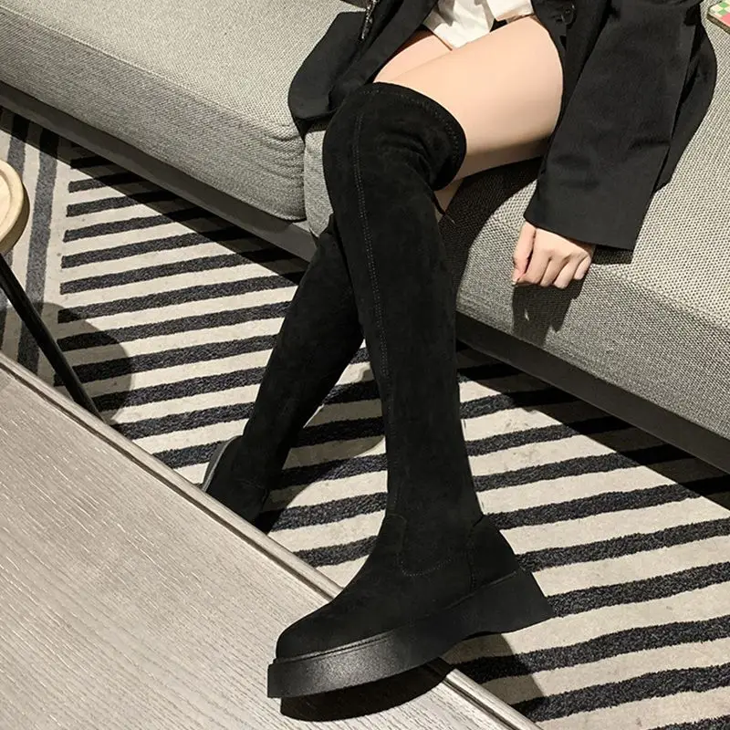 Shoes for Woman Above Over The Knee Women's Boots Round Toe Footwear Lace-up Thigh High with Laces Elastic Platform Spring 2024