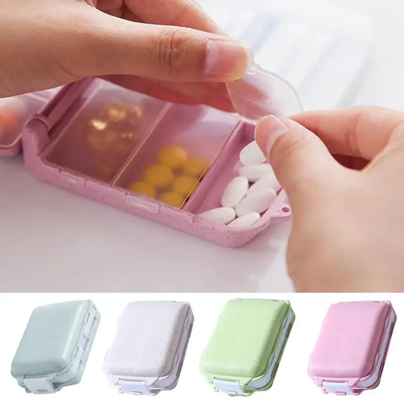 Mini 8 Grids Organizer Foldable 3-Layer For Tablets Travel Pill Box With Seal Ring Small Box For Tablets Wheat Straw Container