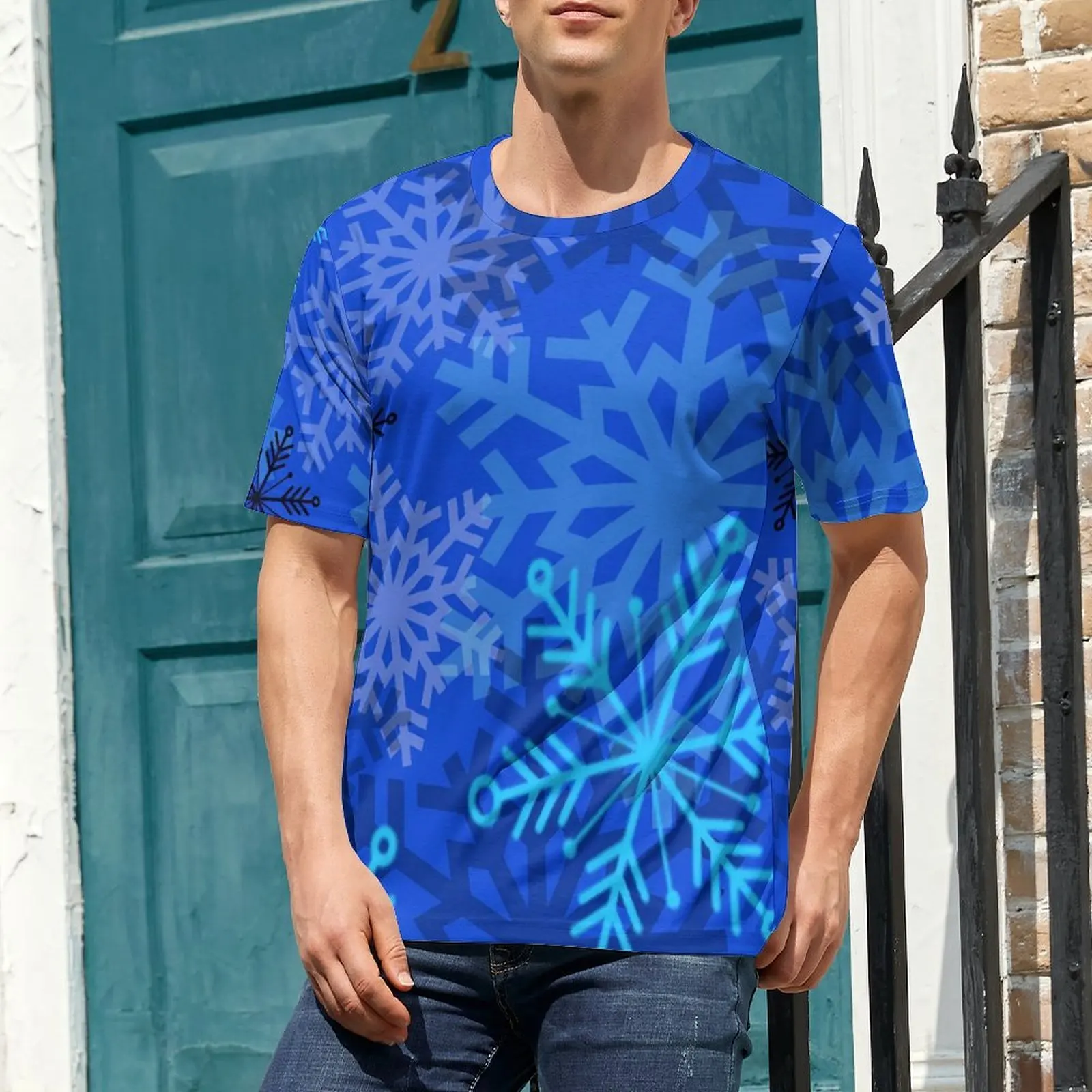 Snowflake Layered T Shirt Blue Print Popular T-Shirts Men Streetwear Tee Shirt Original Short Sleeves Design Tops Big Size