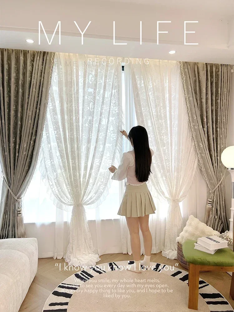 Custom Retro Lace Silver Grey Jacquard Pearl Stitching Luxury Curtains for Living Room Bedroom French Window Villa Blackout