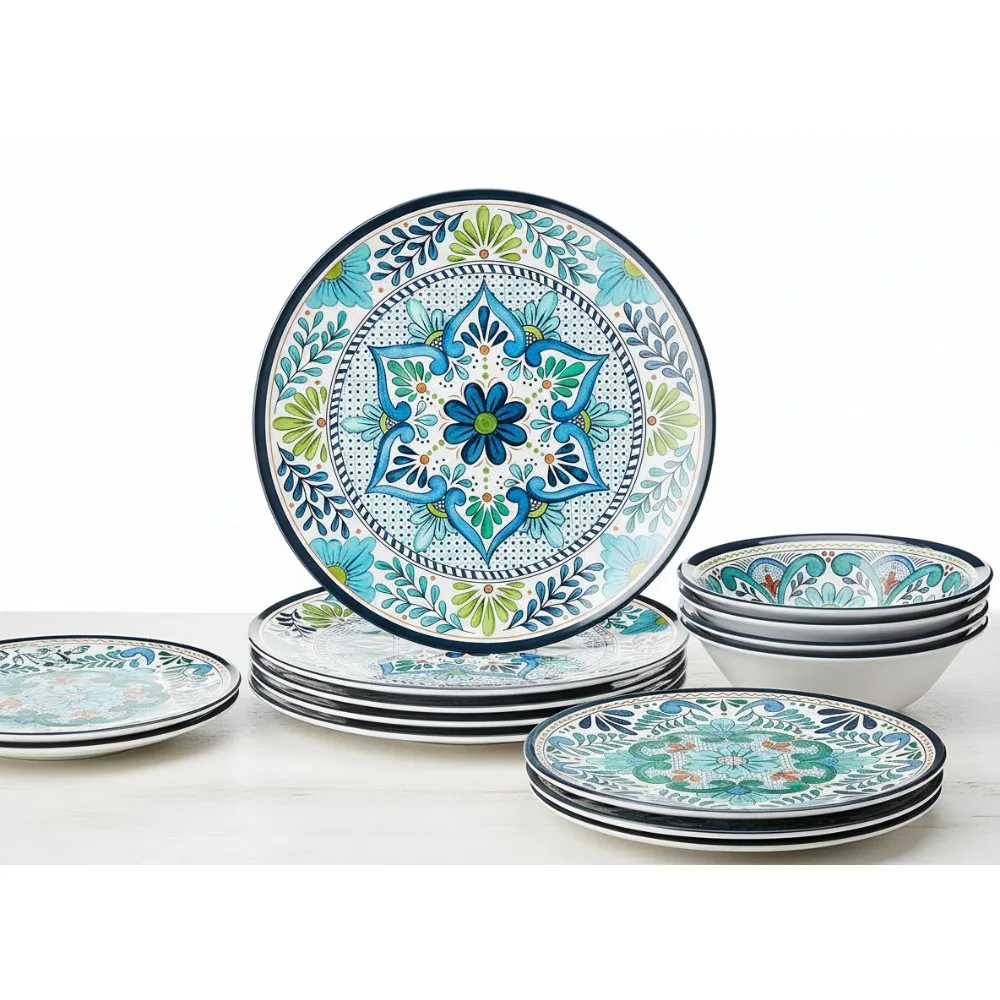 

Набор посуды из меламиновой плитки в испанском стиле — небьющиеся тарелки из 12 предметов для семейной столовой на открытом воздухе