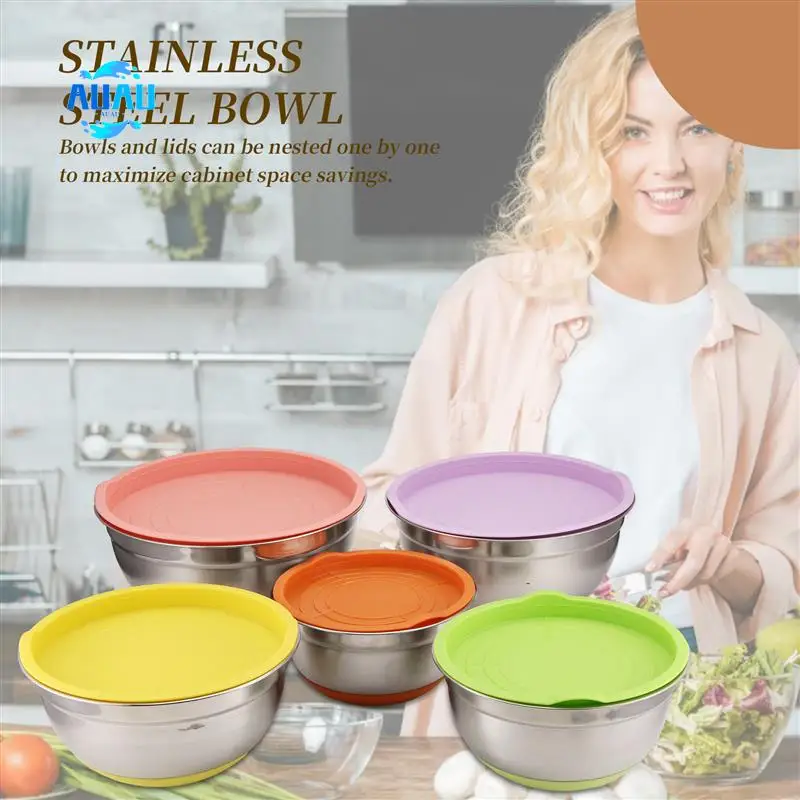 

AUAU-5Pcs Stainless Steel Mixing Bowls 18-26Cm Diameter Metal Nesting Bowls With Colorful Airtight Lids Non-Slip Bottoms