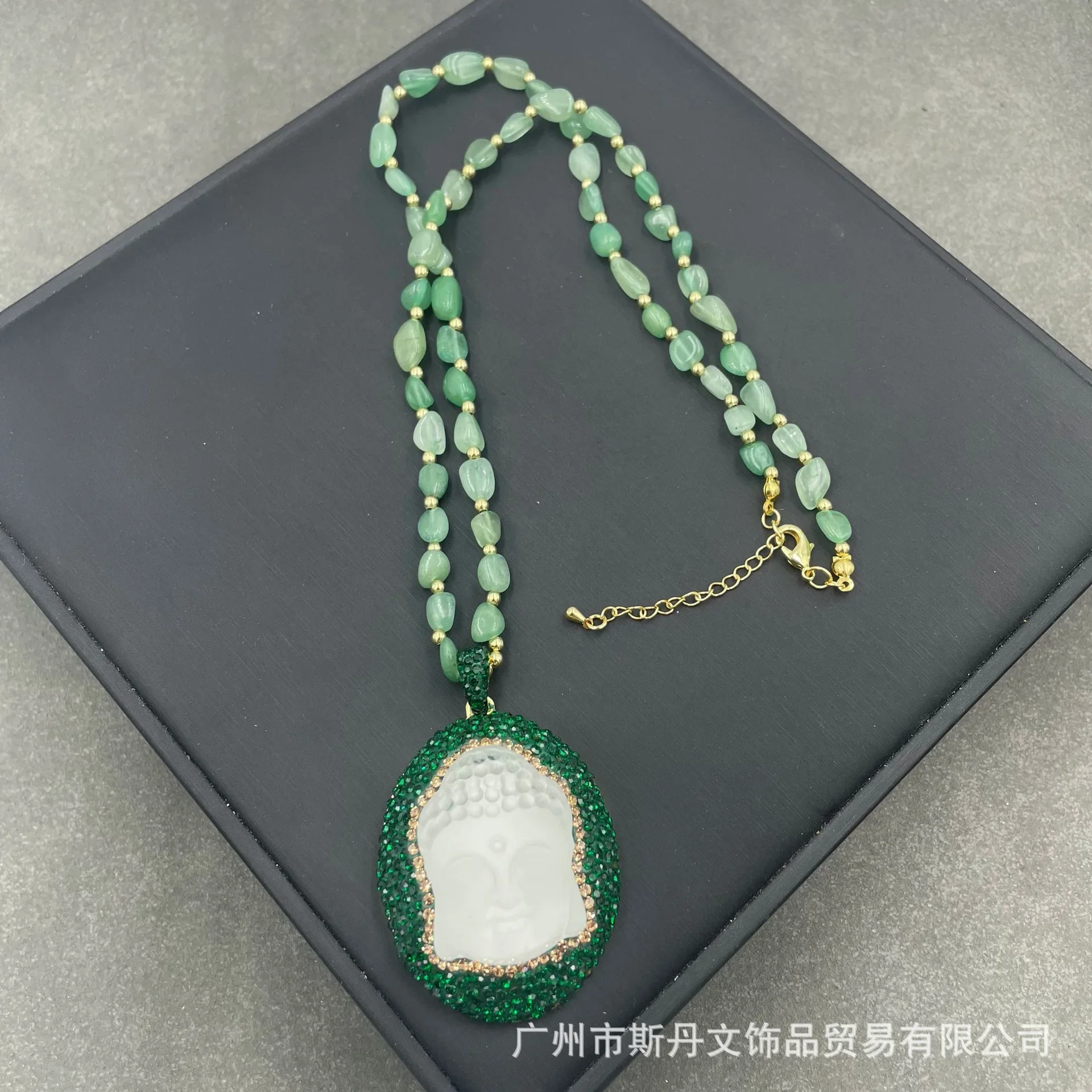 New Buddha Gong pendant natural green Dongling rough stone necklace original design retro Czech diamond sweater chain wholesale