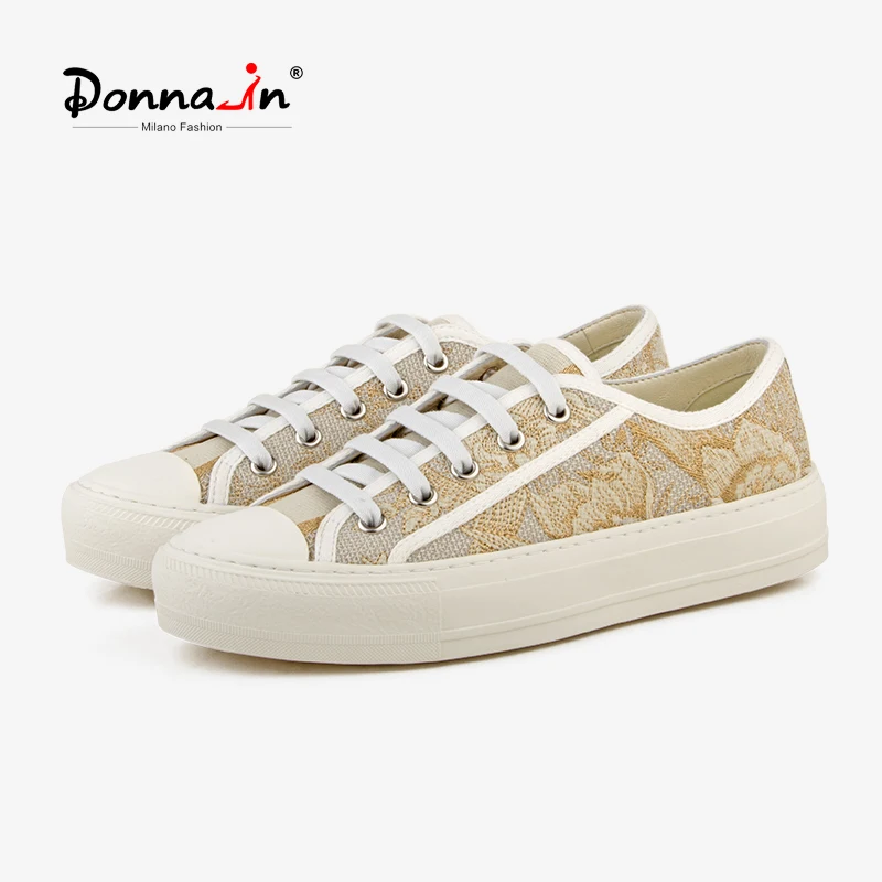 Donna-in Flat Sneakers Women Fashion Gold Embroidery Cotton Designer Trainers Top Quality Lace Up Female Shoes Rubber Sole