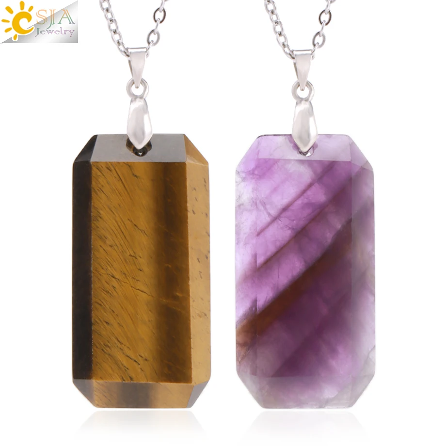 CSJA Natural Stone Crystal Coffin Pendant Necklace for Man Women Trendy Stainless Steel Chain Necklaces Halloween Gift H236
