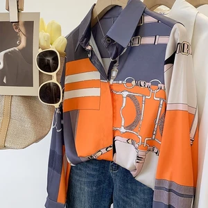 Frauen mit langem Ärmel Seidenhemd, Kleidung der Dame, Nachahmungsseide, Orange und Grau, elegante Mode, Luxusmarkendesign, Sommer, 2022 6 Hauptverkäufe Frauenhemden - №6