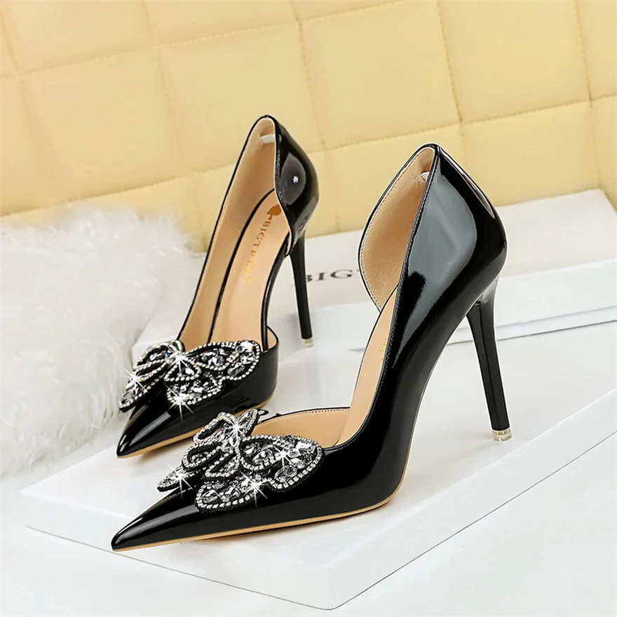 

Banquet Ultra-High Heels Banquet Women's Shoes With Thin Heels Patent Leather Shallow Mouth Pointed Rhinestone Bow Single Shoes