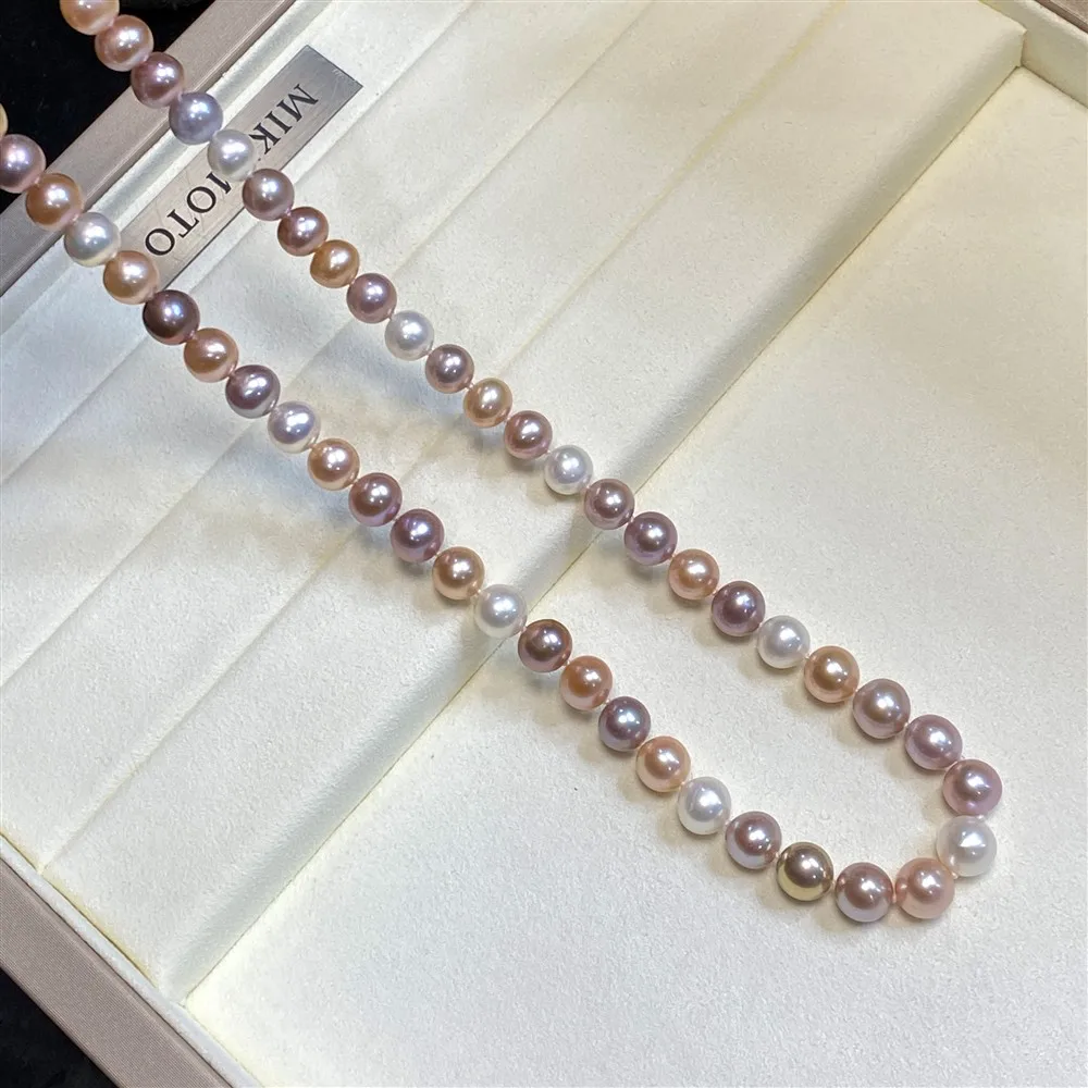 

High quality necklace AAAA7-8mm natural South Sea mixed color round pearl necklace 18in+bracelet 7.5-8in set 925s button
