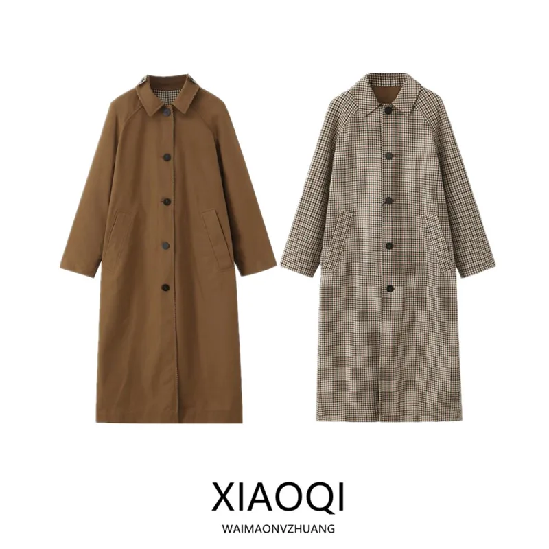 

Long Double-Sided Wearable Autumn New Arrival Women's Faionable Utili Collar Straight Cut Coat Commute Loose Fit Plaid