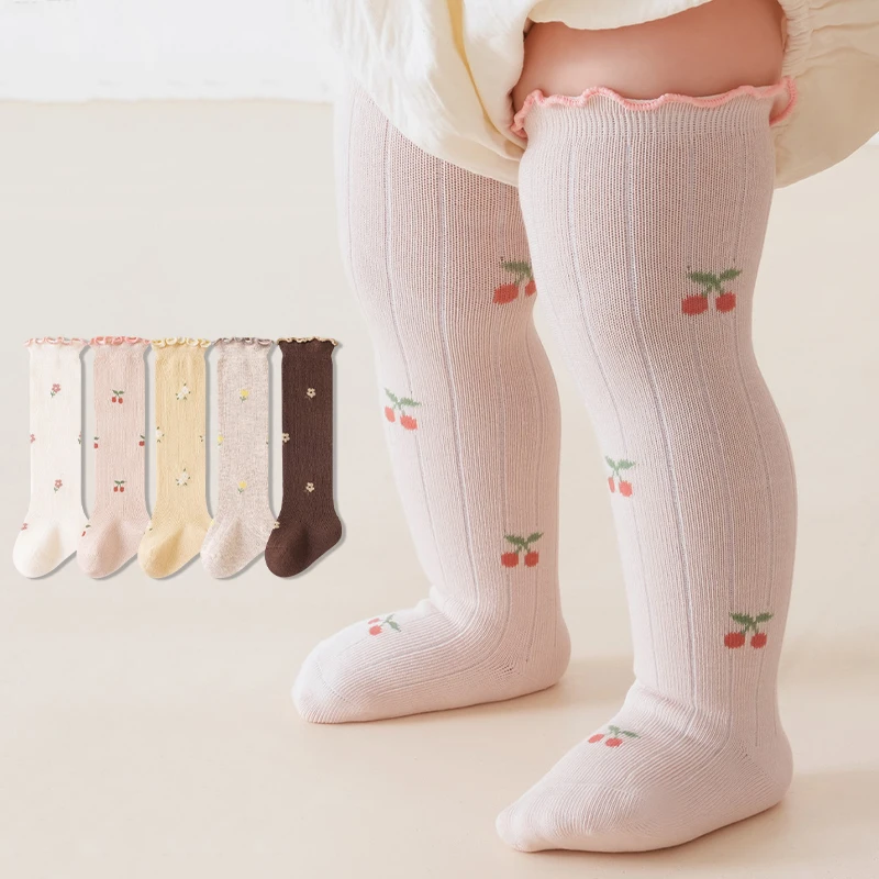 3/5 Pairs Long Baby Socks Ruffled Cuff Girls Socks Soft Cotton Infant Toddler Socks for Girls Cute Floral Baby Girls Stocking