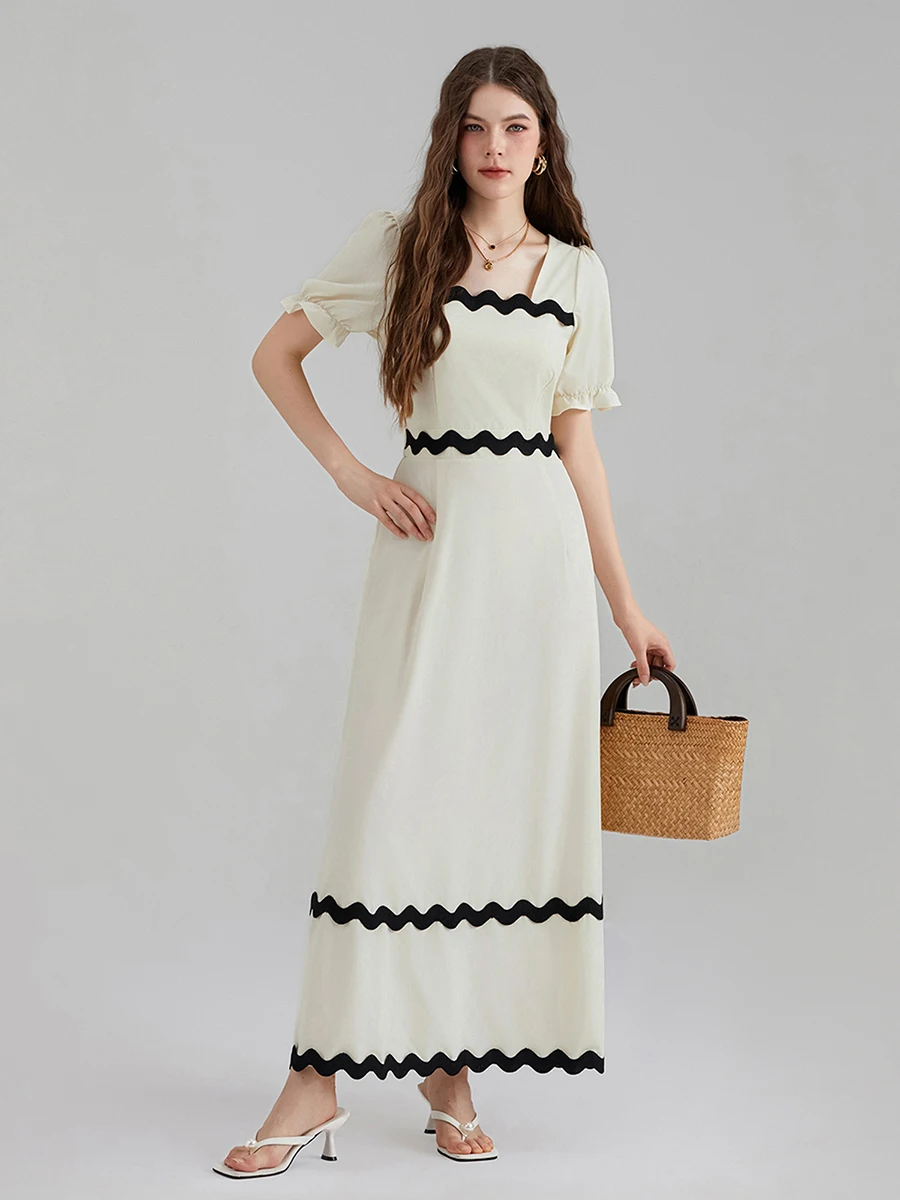 Womens Summer Dress Square Neck Short Puff Sleeve Casual Long Dress Ric Rac Tie Back Smocked A-Line Flowy Maxi Dress