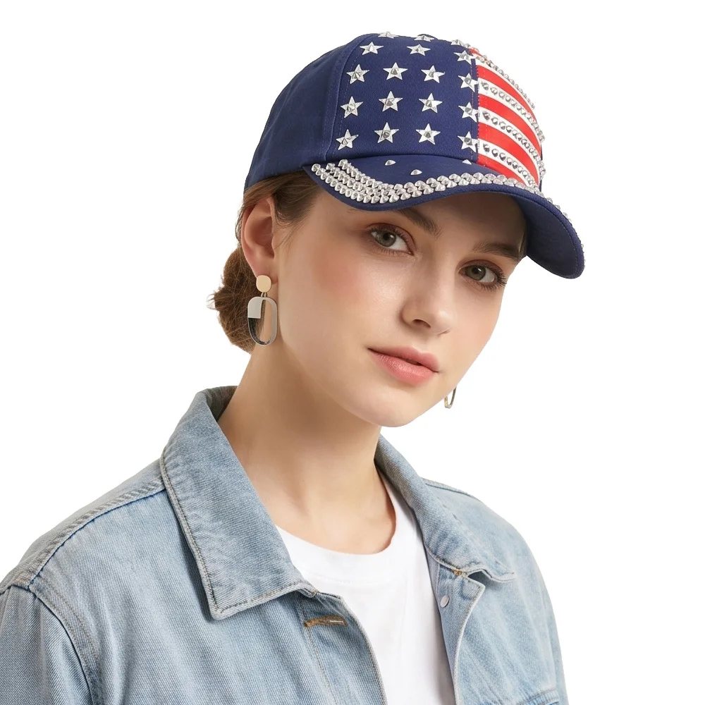 USA Flag Rhinestone Studded Baseball Cap Sparkly American Flag Adjustable Patriotic Sun Hat for Women 4th of July