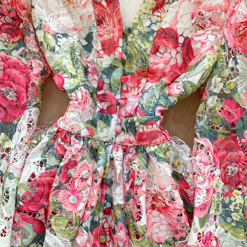コートスタイル春プリントランタンスリーブドレス女性のための V ネック中空フック花刺繍ライト高級 A ラインスカート