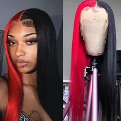 WIF Long Straight Black Red Synthetic Lace Front Wig Women Cosplay Half-Black Half-Red Hair High Temperature Fiber Makeup Wigs