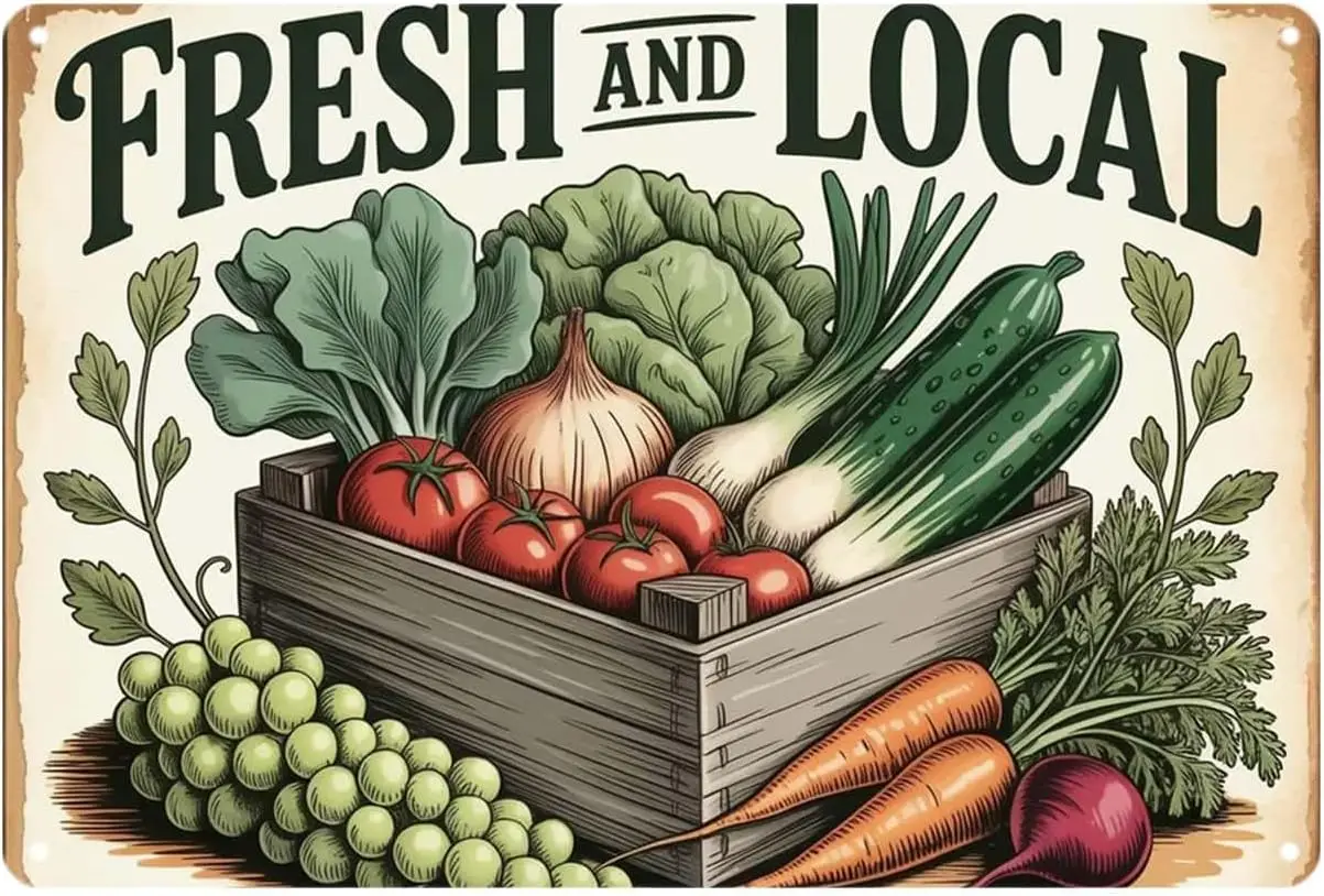 Fresh and Local Vegetables Tin Sign Farm Market Produce Vintage Metal Signs Wall Art Decor for Home Kitchen Cafe Garden Patio Ou