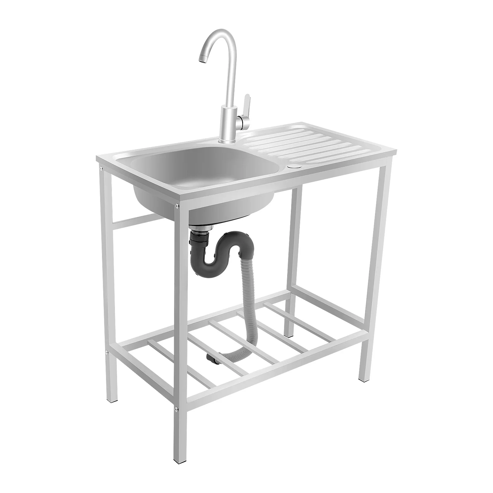 

Outdoor Utility Sink Freestanding Kitchen Sink with 360° Rotatable Faucet Large Basin and Storage Shelf for Outdoors Restaurants