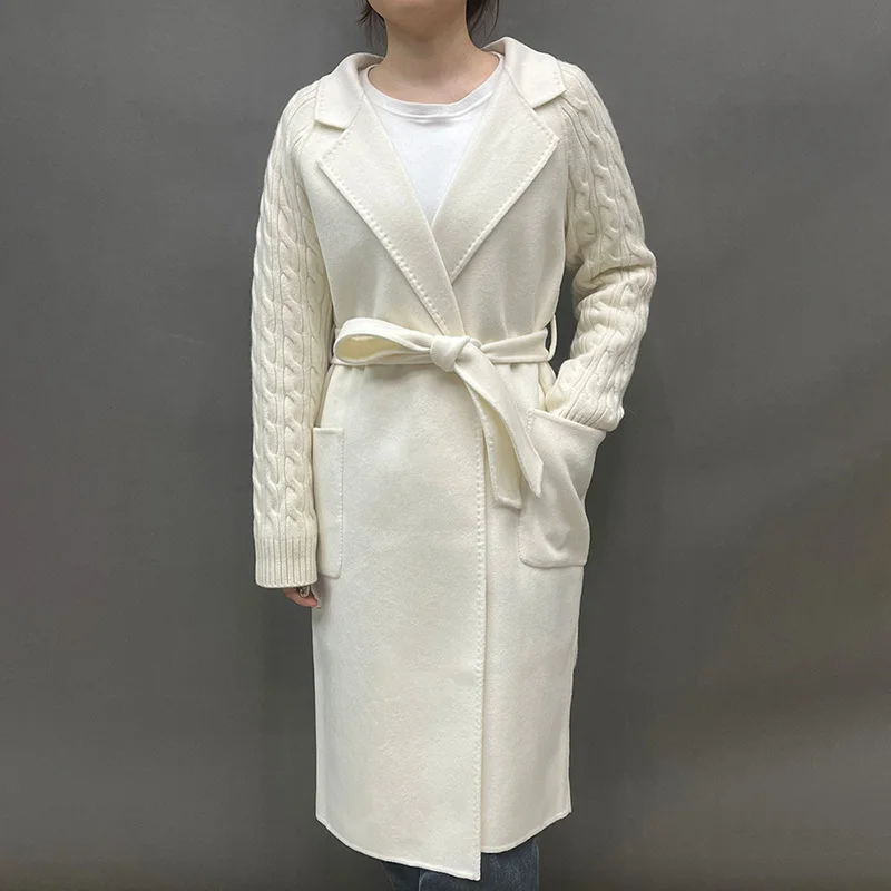 2024 Women's Real Cashmere Wool Coats Lady Elegant Trench Coat Belt Knitted Wool Long Coat