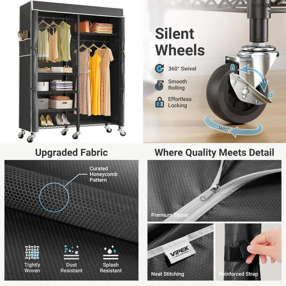Portable Heavy-Duty Metal Wardrobe Rack with Adjustable Levels and Lockable Wheels for Clothes Storage in Black