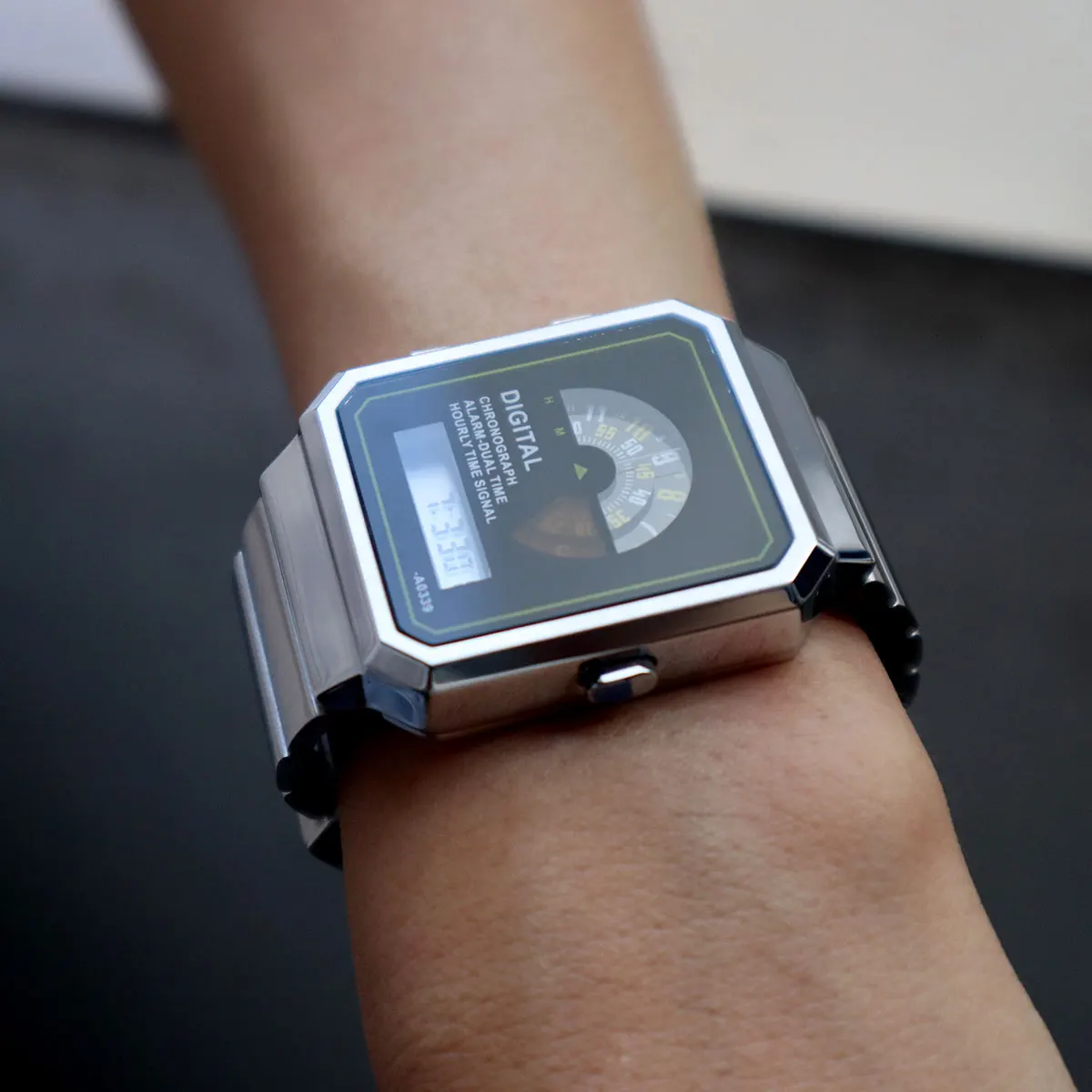 Classic Retro Square Digital Watch Men Full Steel Band Wristwatch Dual Time Zone Stopwatch Alarm Multi-function Watches