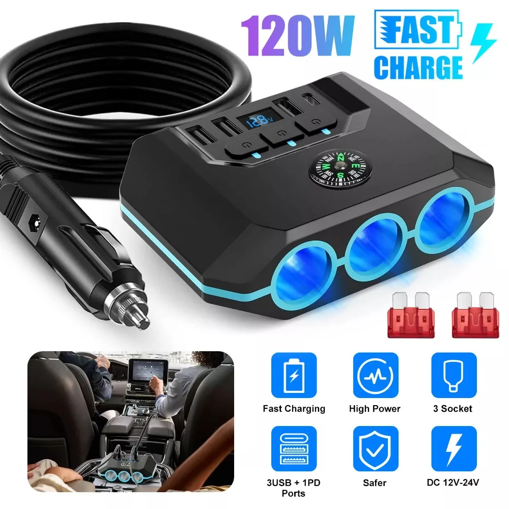 3 Way Car Cigarette Lighter Socket Splitter USB Fast Charger Power Adapter 12V