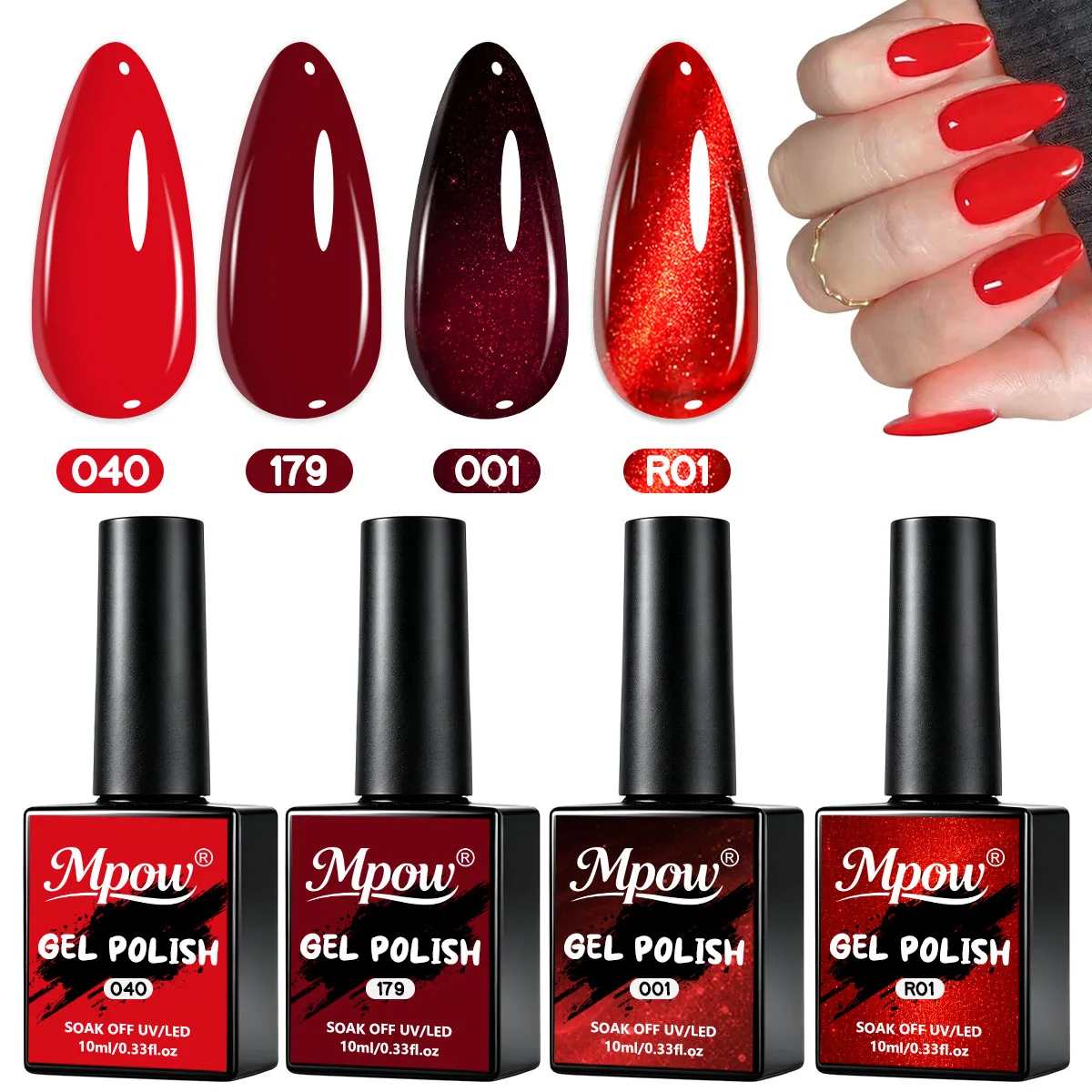 Mpow 1/4 Pcs 10ml Red Gel Nail Polish Set burgundy Shades for Color Blocking Soak Off UV LED Semi Permanent Nail Art DIY