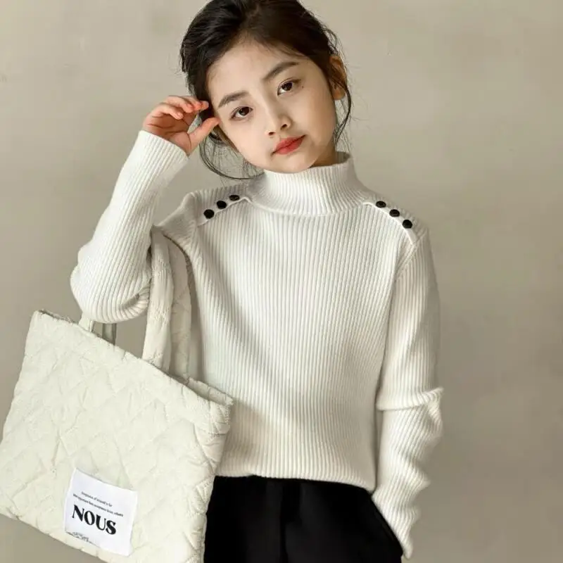 الفتيات الخريف الشتاء محبوك سترة الصلبة طويلة الأكمام قمم الوقوف طوق البلوز مريحة قاع قمصان الأطفال الملابس #1