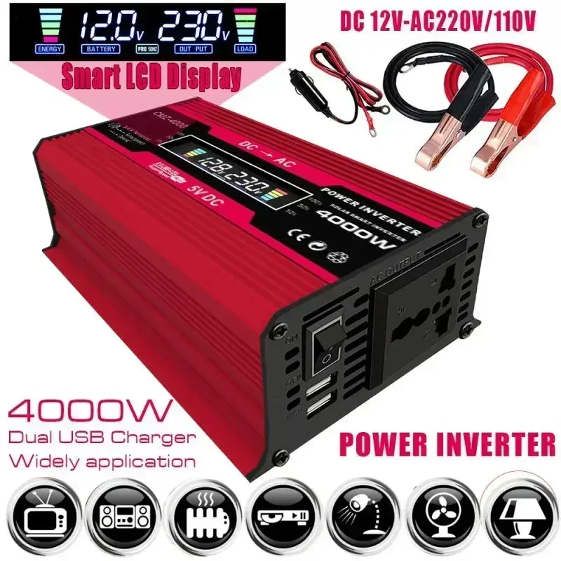 BMAD-Car Power Inverter Solar Panel System Kit LED Display Voltage Transformer Modified Sine Wave 12V to 110V 220V 4000W