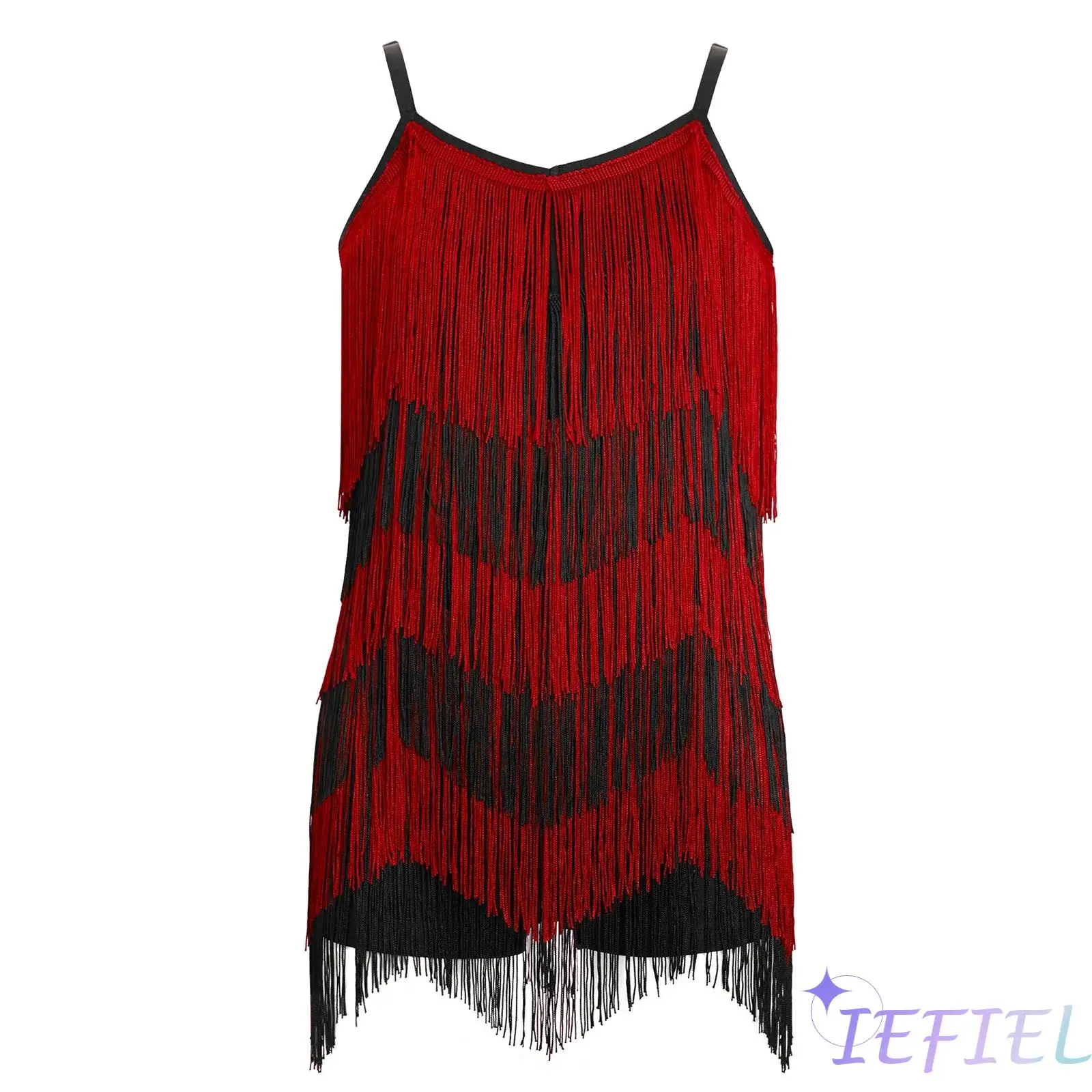 

Children Girls Latin Dance Fringe Bodysuit Adjustable Straps Color Block Tassels Jumpsuit for Tango Rumba Salsa Ballroom Dance