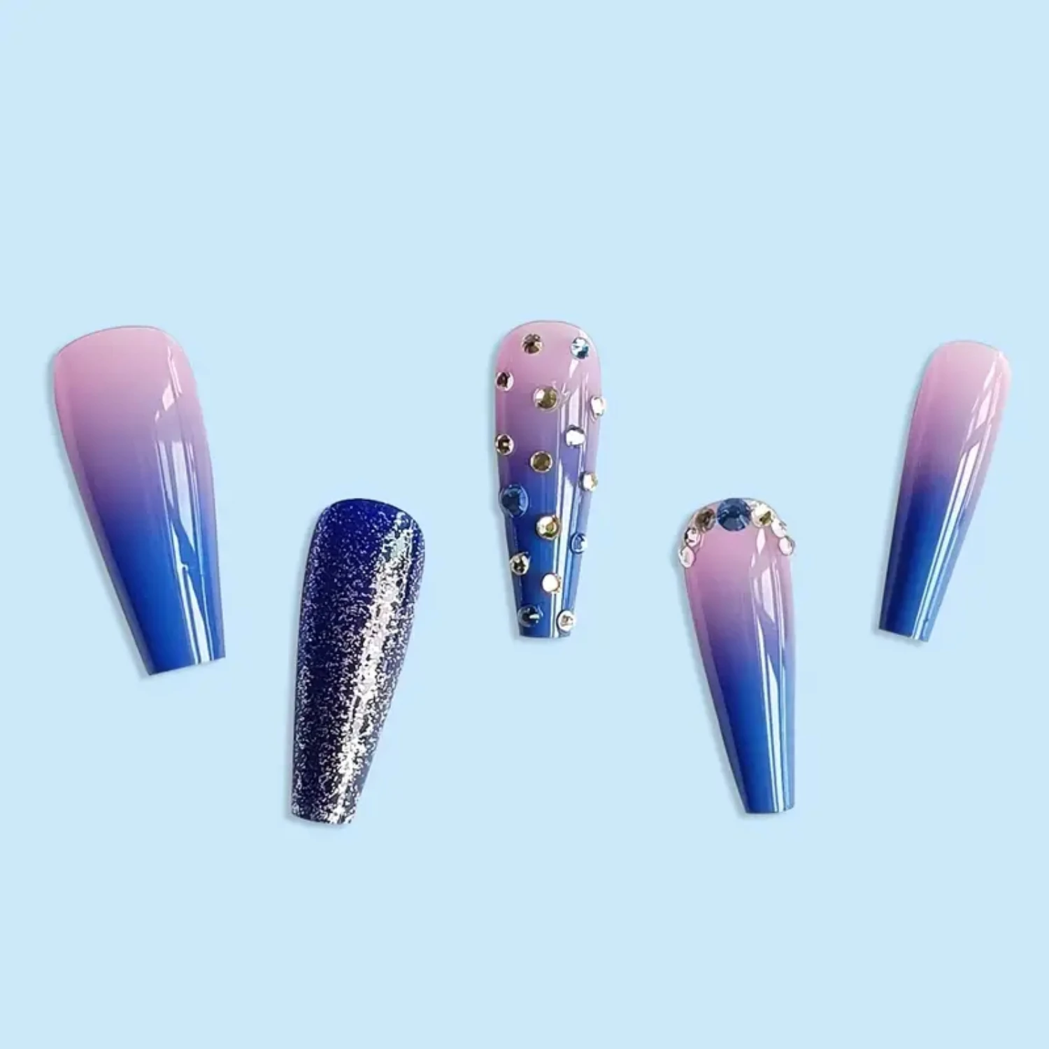 Blue Sparkly Rhinestone Long Coffin Stick On Nails for Women - Trendy Press On Nails Zestawy do paznokci Nail display tips Toe paznokcie Gel x