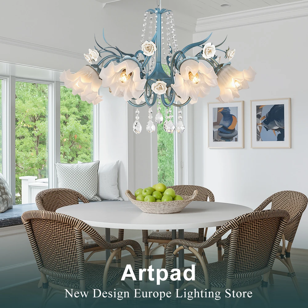 

Nordic Luxury Flower Chandelier For Kitchen Table Living Room Bedroom Blue Iron Pendant Light With K9 Crystal Ceramic Roses