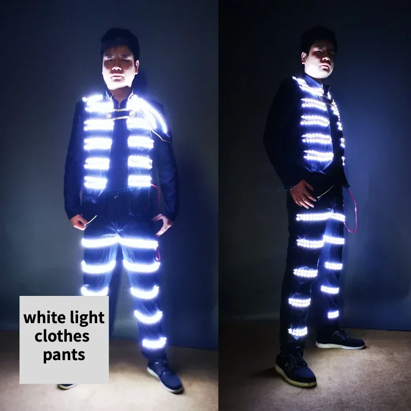 LED Suit for Men Nightclub Stage Nightclub Dance Costume Rainbow White Light Up Top Clothes Pants 2024 Magician Show Outfit