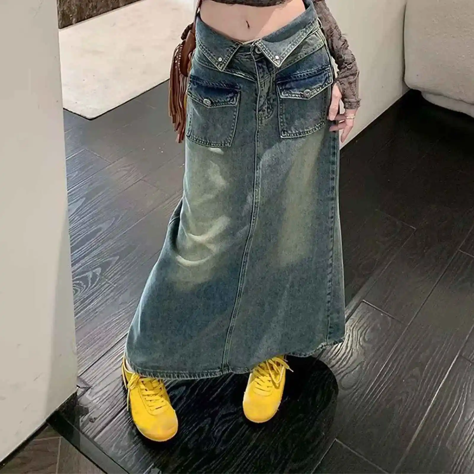 

Denim Skirt Korean Fashion Split Straight Skirt Plus Size All Match Slimfit Women's Skirt Retro Street Style Ankle Length Dress