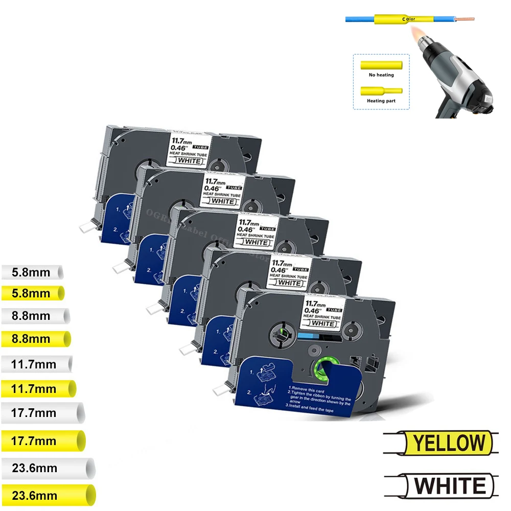 

5/10PK Heat Shrink Tube Tape Compatible for Brother P-touch HSe-211 HSe-221 HSe-231 HSe-631 for Cable wrapping for PTE550W P900W