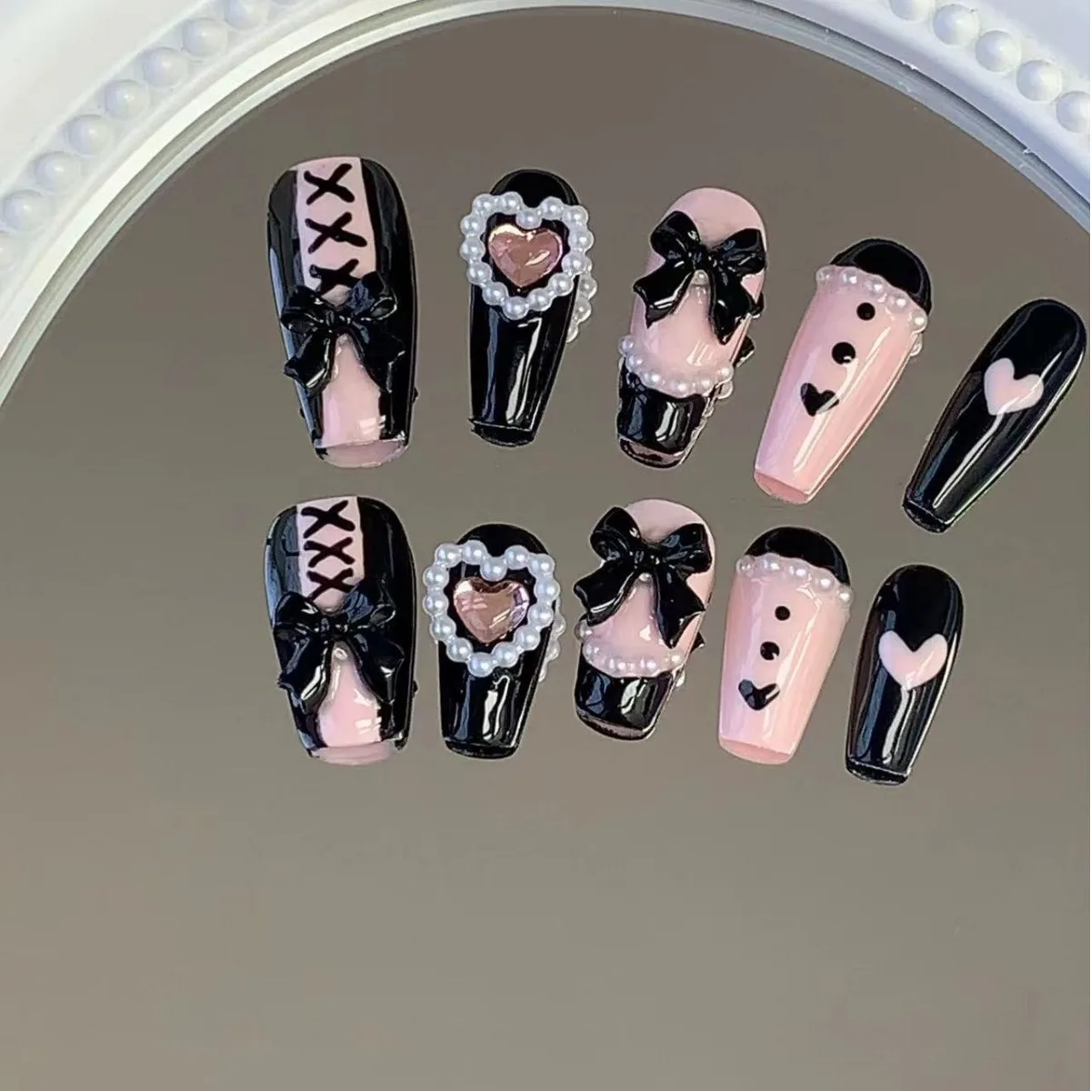 

Sweet Cool Hot Girl Lace Bow Nail Art Stickers Handmade Fake Nail Stickers Wearable Nail Stickers Black and Pink Nails