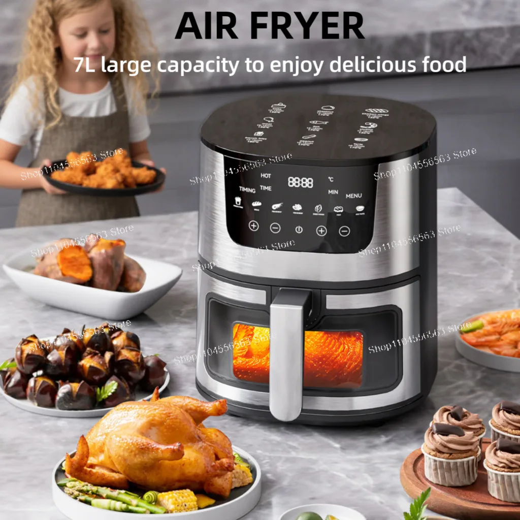 7L スマート電気エアフライヤー – LED タッチ コントロール、1400W 電力、可視窓を備えた多機能熱対流オーブン ​